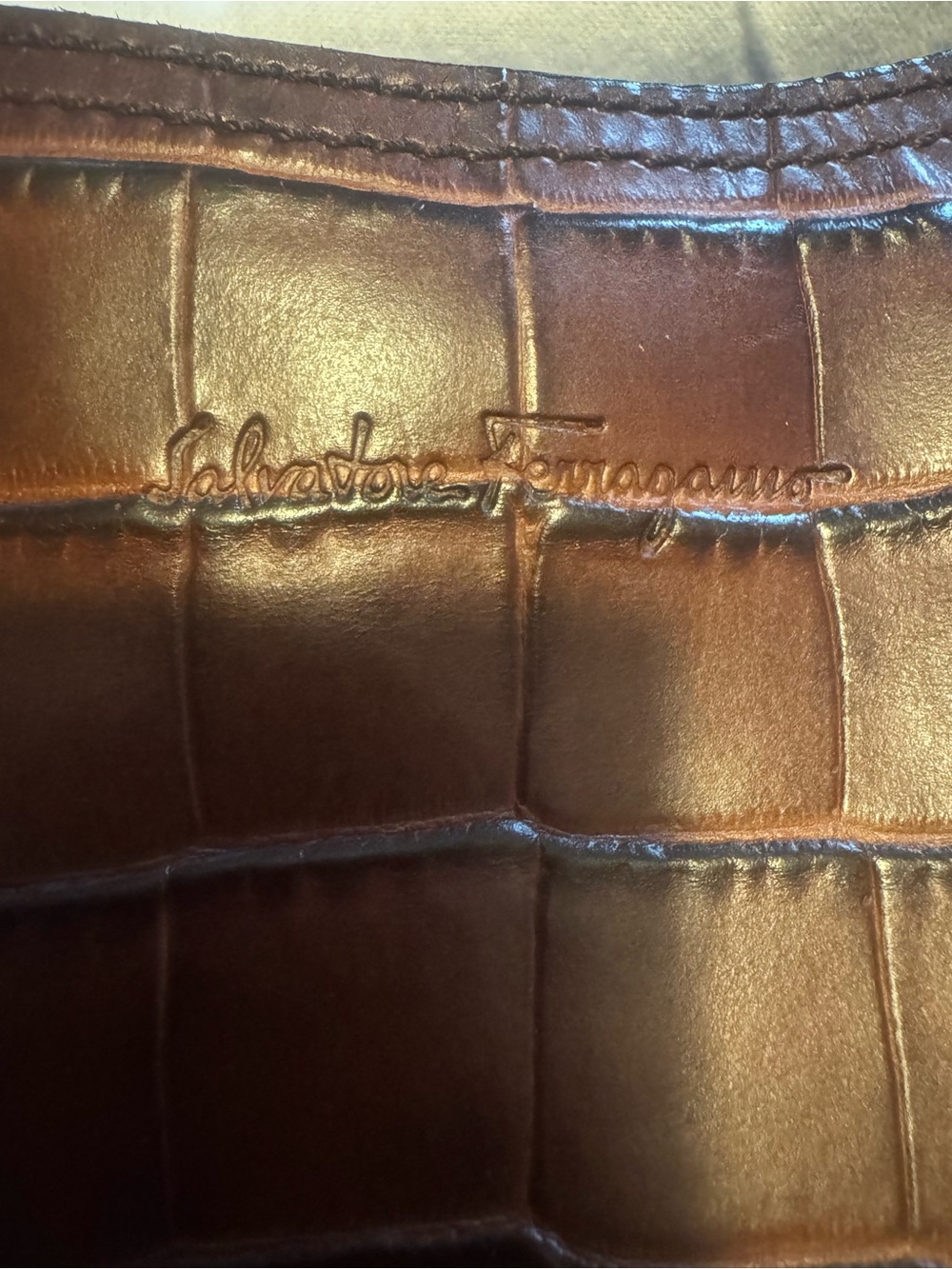Salvatore Ferragamo Brown Croc-Embossed Leather Hobo Shoulder Bag - Picture 3 of 8